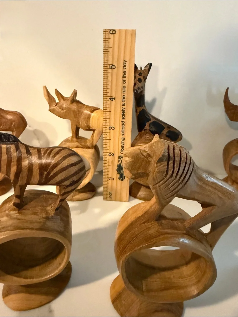 1970s Vintage Hand Carved Wooden Safari Animal Napkin Rings Set of 12